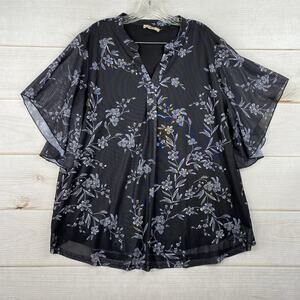 Timeson Womens Top XXL Black Floral Boho Bell Sleeve V Neck Lined Mesh Stretch